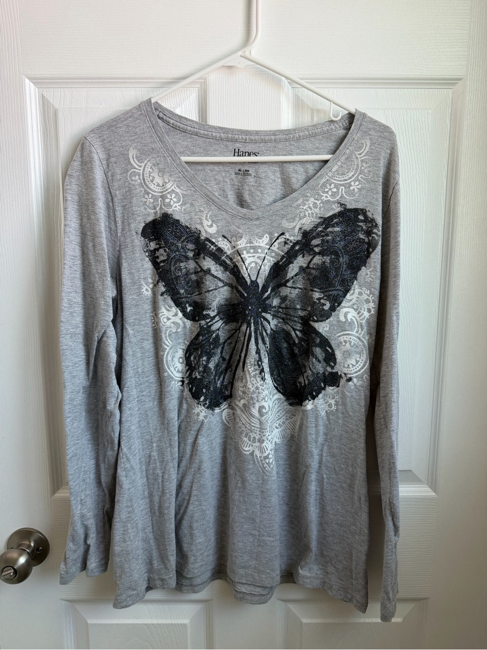 Hanes Women's Gray Long Sleeve Butterfly Graphic Tee